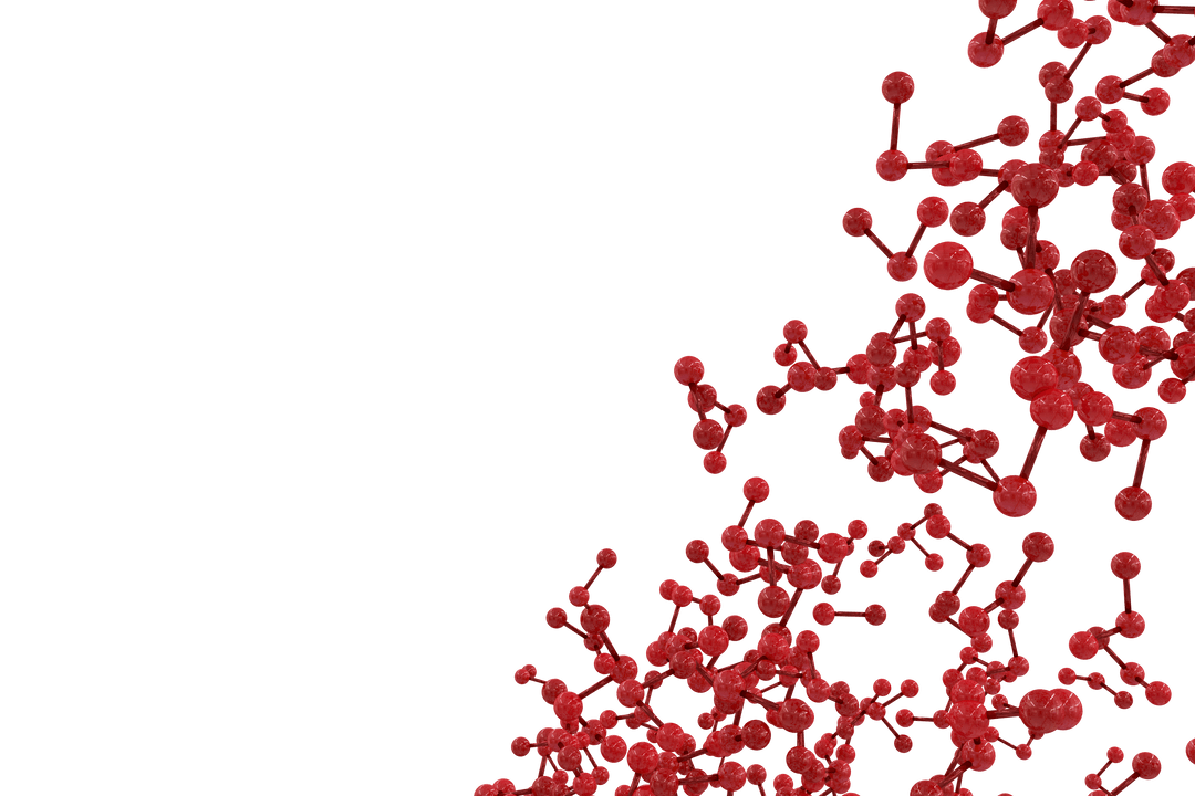 Red molecules on transparent background with copy space