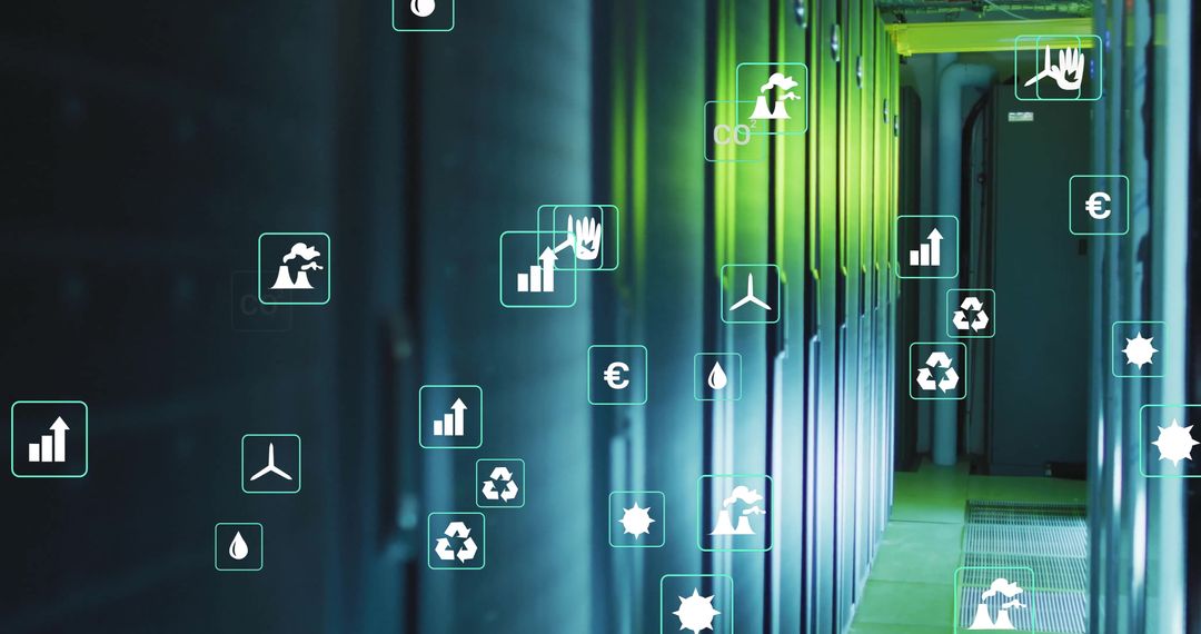 Sustainable Technology with Eco-friendly Icons in Server Room