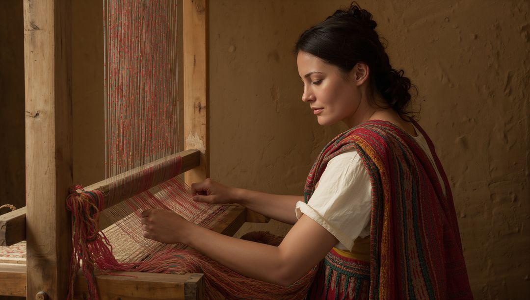 Artisan weaving traditional handwoven shawl on wooden loom in rustic textile workshop