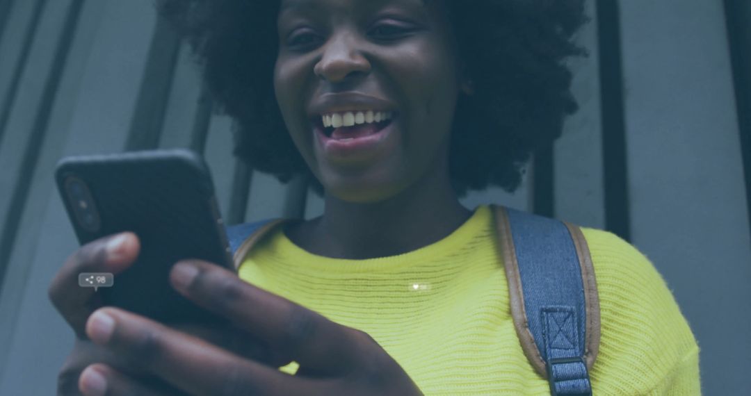 Happy Woman Using Smartphone in Virtual Speed Visualization