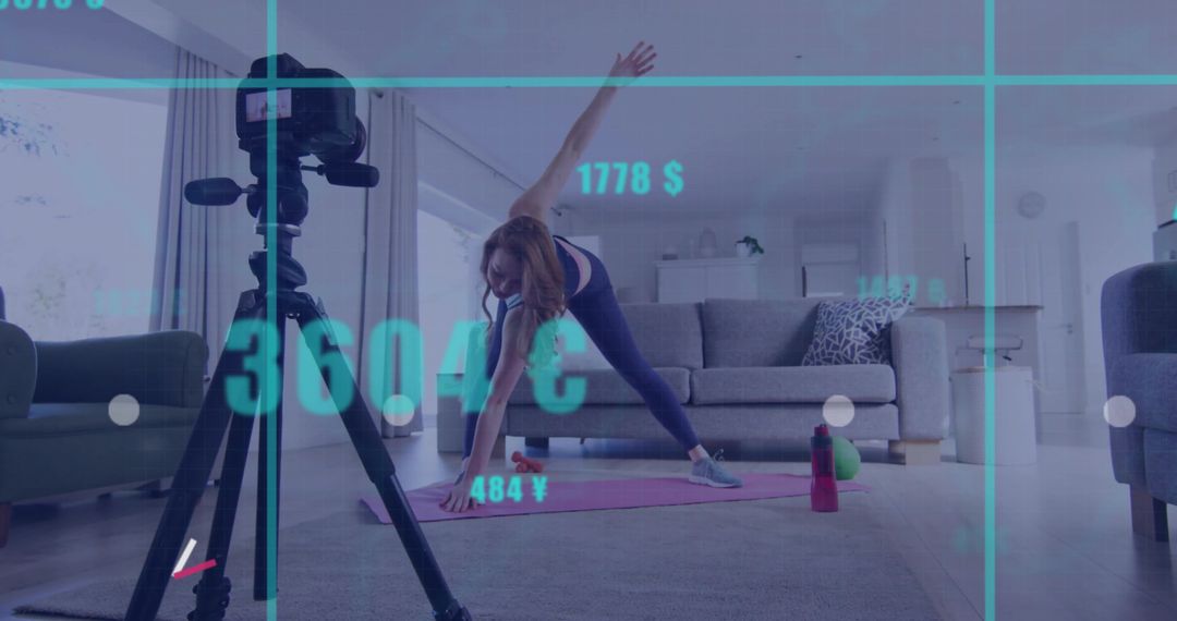 Woman Exercising in Living Room Digitally Enhanced Graphics