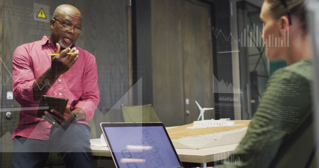 Colleagues Discussing Financial Data with Digital Interface Overlay