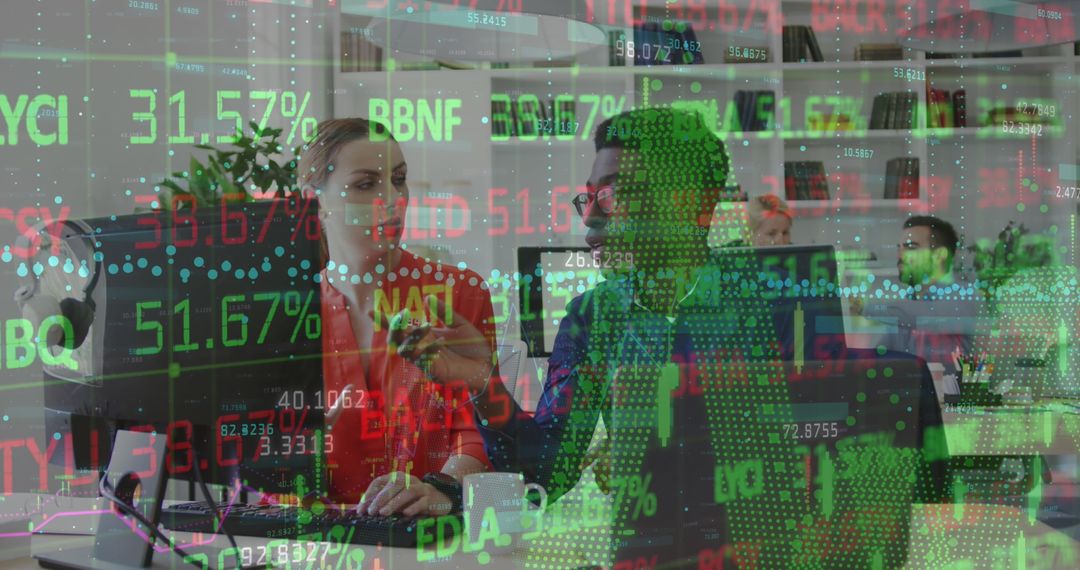 Business Professionals Analyzing Data with Financial Statistics Overlay