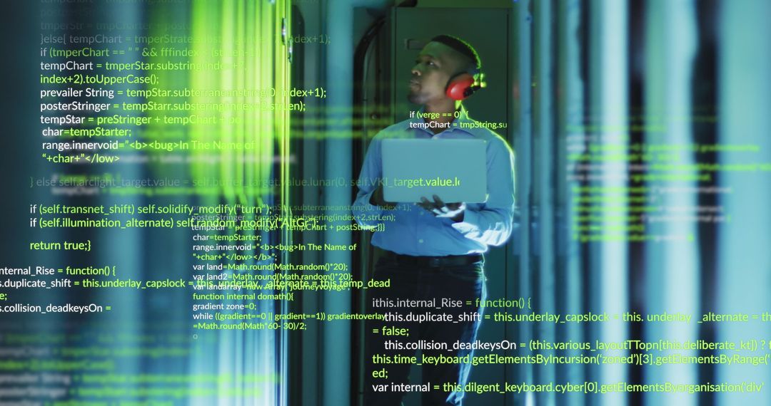 African American Engineer Analyzing Data Code in Modern Server Room