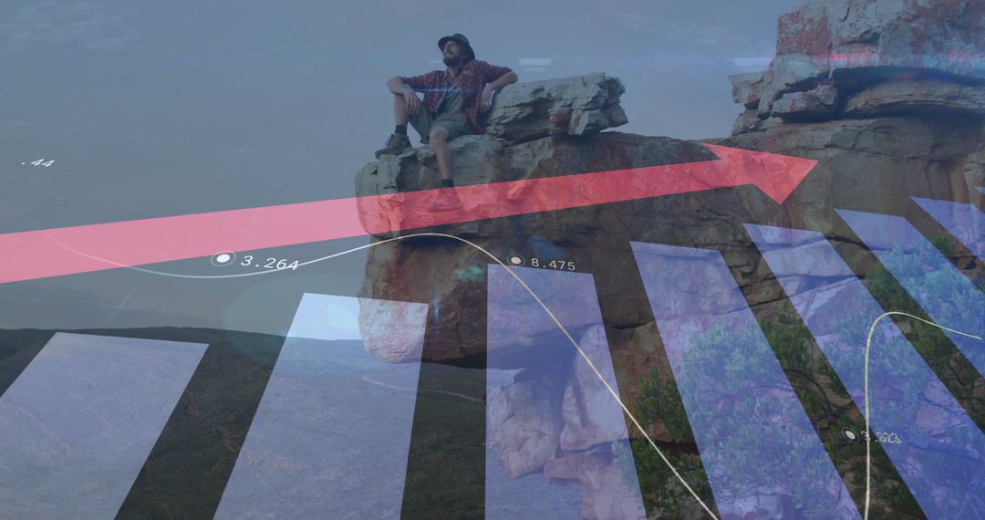 Man Hiking atop Mountain with Superimposed Financial Graphs