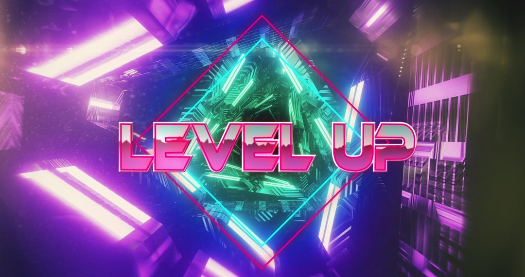 Neon Text Level Up in Futuristic Digital Gaming Environment