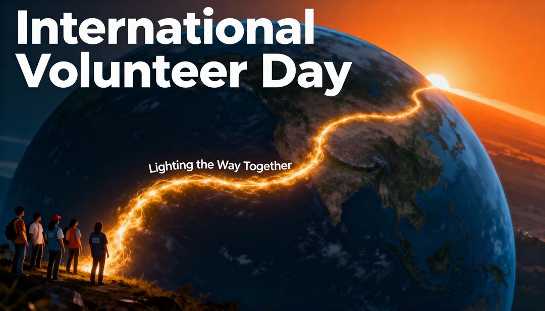 International Volunteer Day concept with volunteers lighting path across globe at sunrise