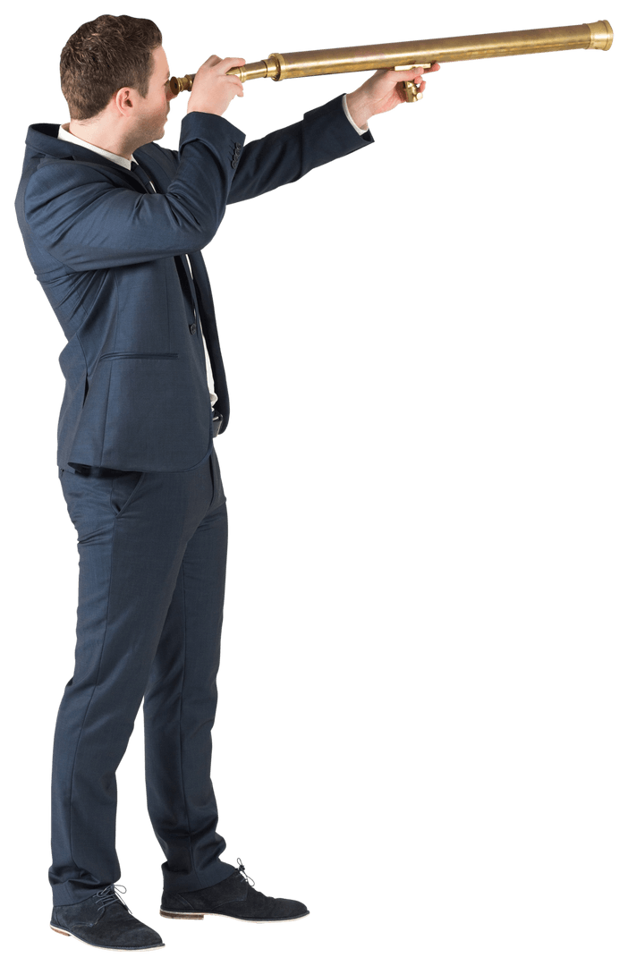 Caucasian Businessman Viewing Through Telescope on Transparent Background