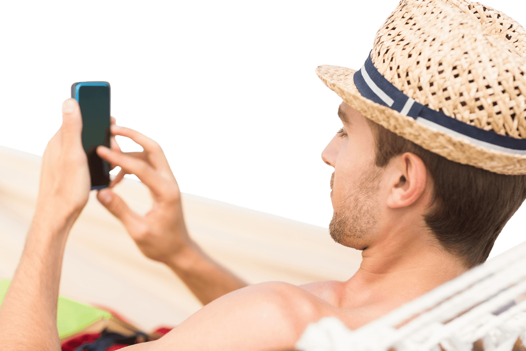 Man Relaxing in Hammock with Smartphone on Transparent Background