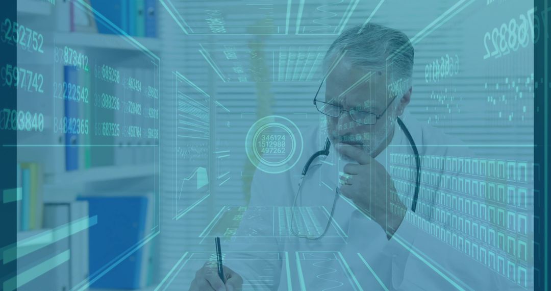 Doctor Analyzing Holographic Data Patterns in Modern Office