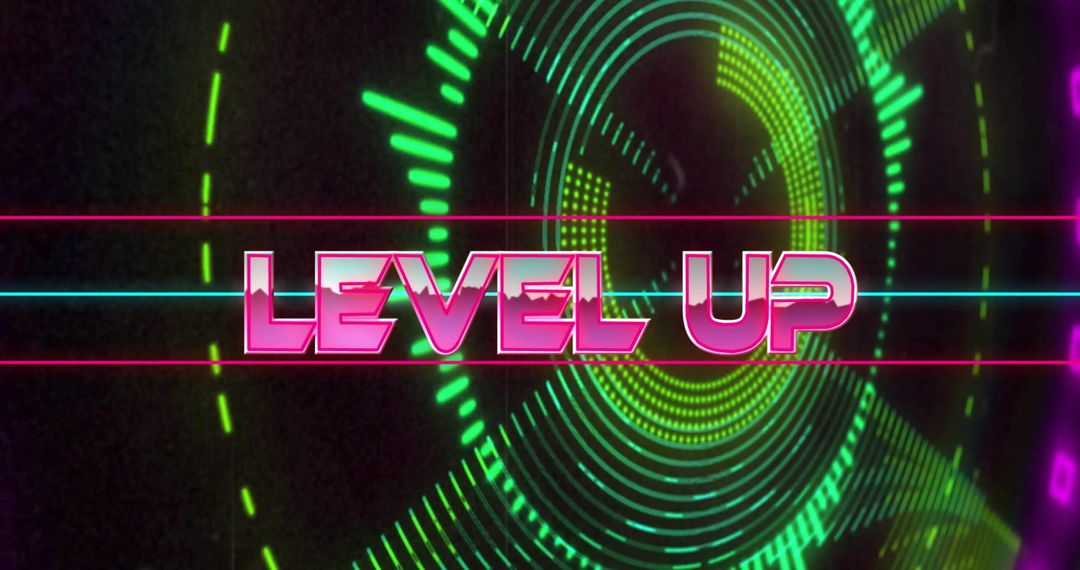 Neon “Level Up” Text with Futuristic Geometric Shapes