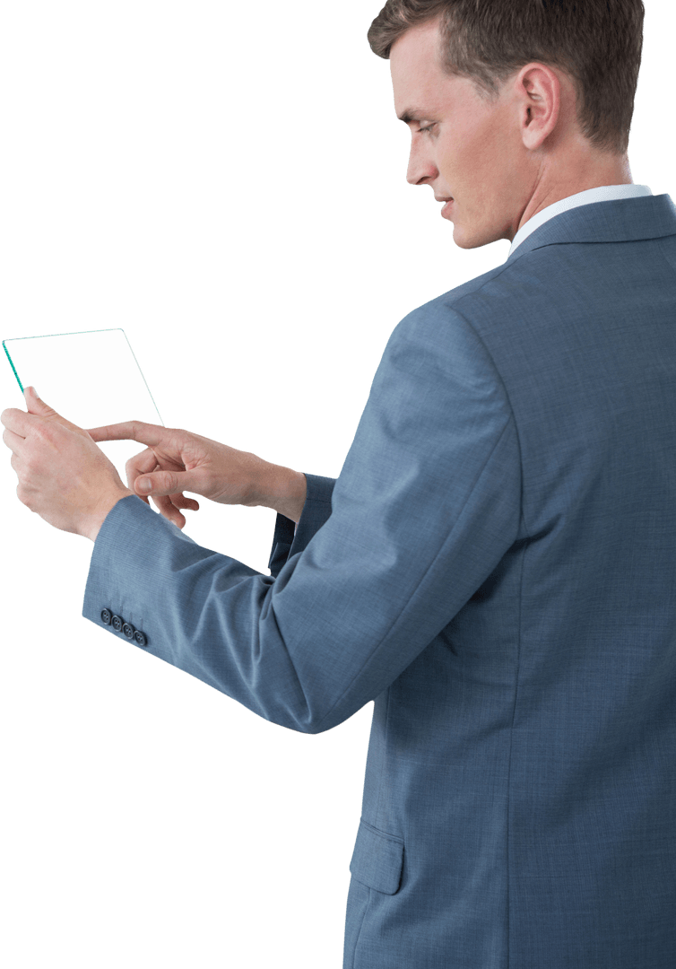 Businessman Touching Transparent Glass for Futuristic Interface