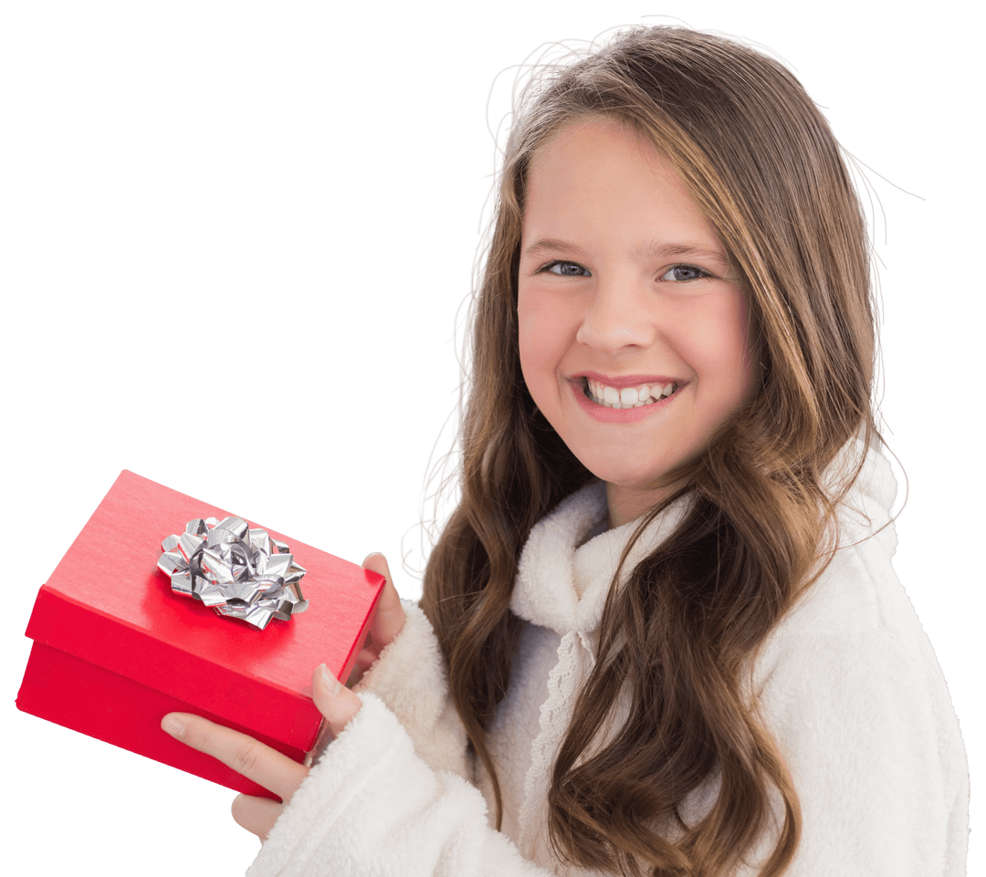 Happy Caucasian Girl Holding Gift Smiling on Transparent Background