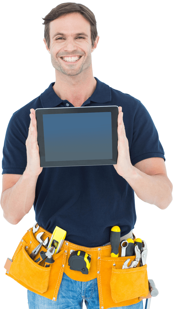Transparent Laughing Carpenter Displaying Digital Tablet with Tool Belt
