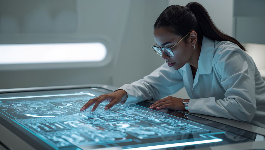 Female Scientist Analyzing Holographic Schematics on Interactive Touch Table