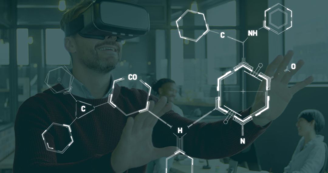 Man Using VR Headset Interacting with Chemistry Visualizations