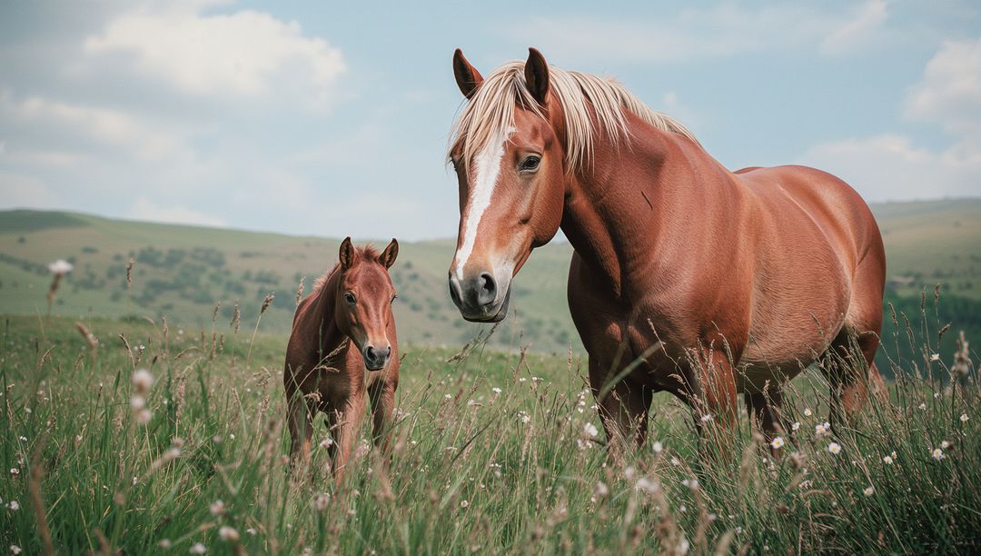 Chestnut Mare and Foal in Tranquil Pasture