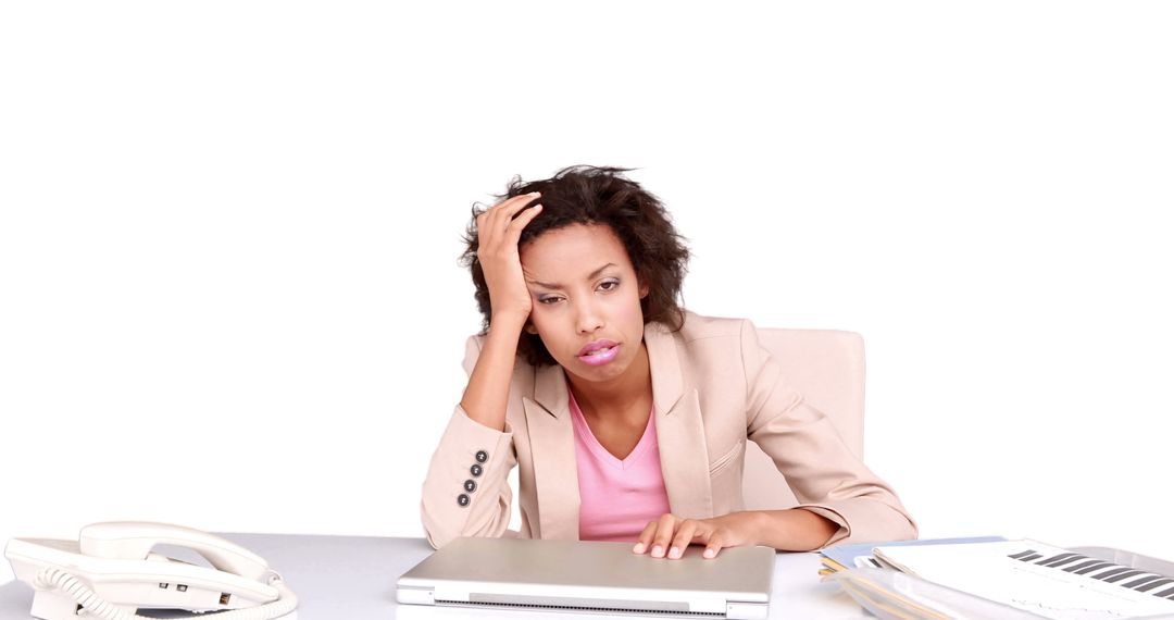 Stressed Businesswoman Sitting at Desk with Headache - Free Images, Stock Photos and Pictures on Pikwizard.com