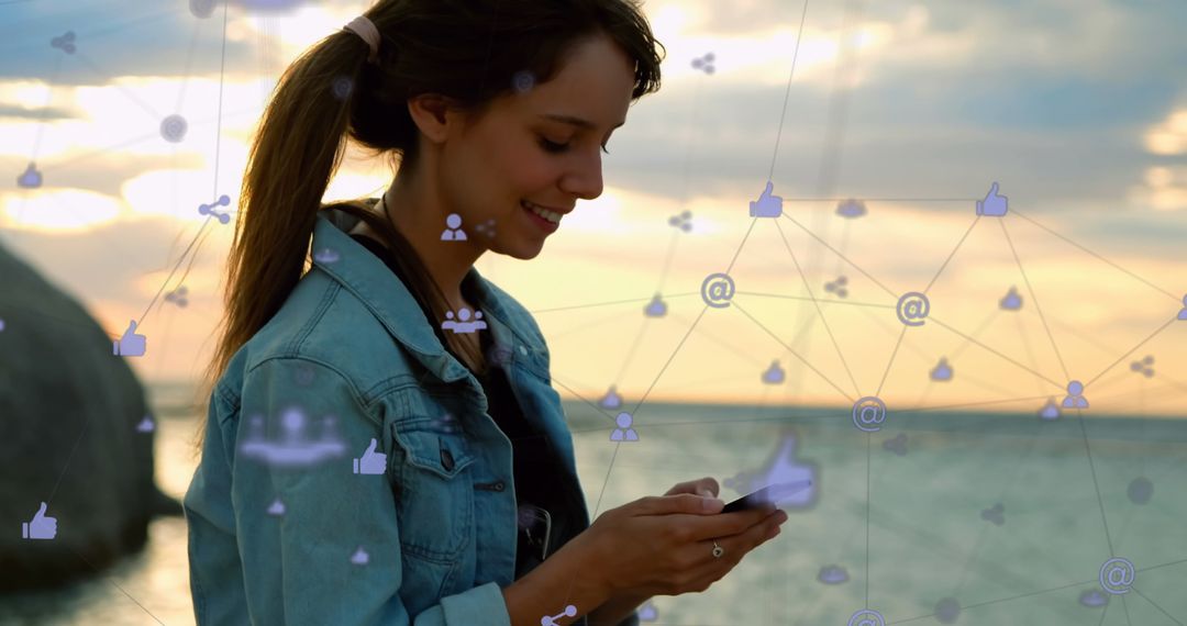 Woman Using Smartphone with Digital Network Overlay by Ocean