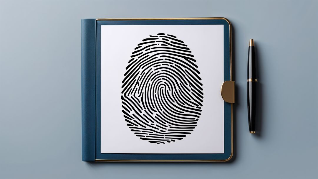 Fingerprint art in binder with pen, criminal record concept
