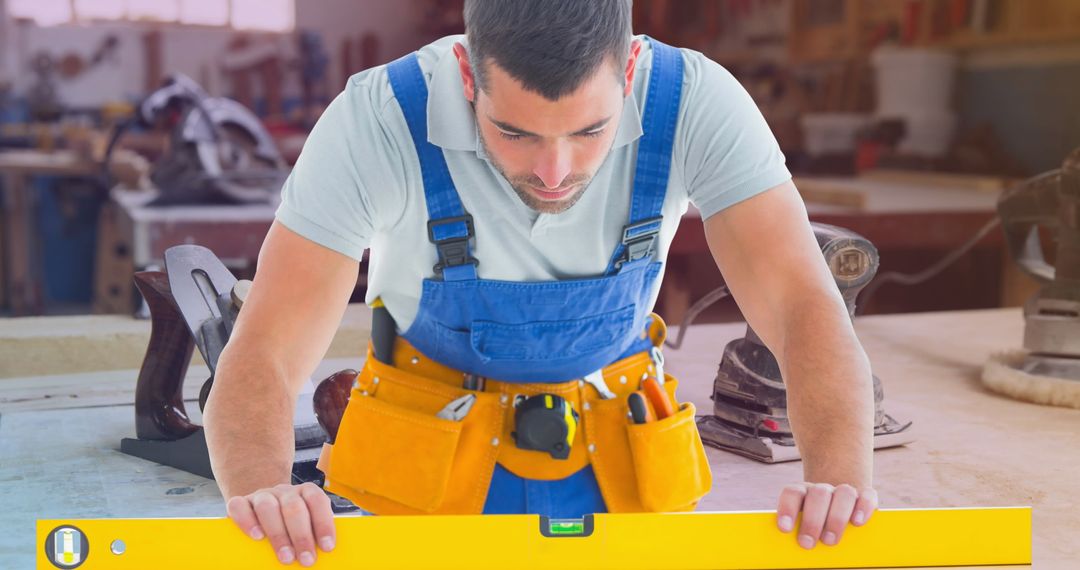 Focused Carpenter Using Spirit Level in Woodworking Workshop