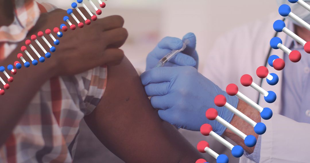 Vaccination Scene with DNA Helix Overlay for Medical Research Concept