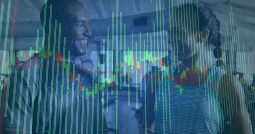 Fitness Enthusiasts Conversing with Financial Graph Overlay
