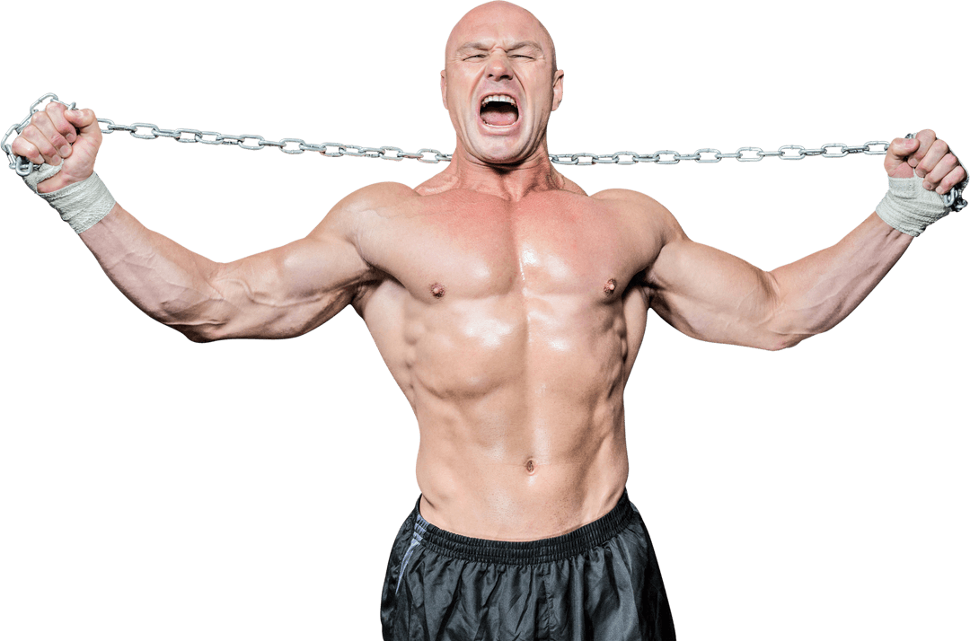Strong Athlete Holding Chain in Powerful Pose on Transparent Background