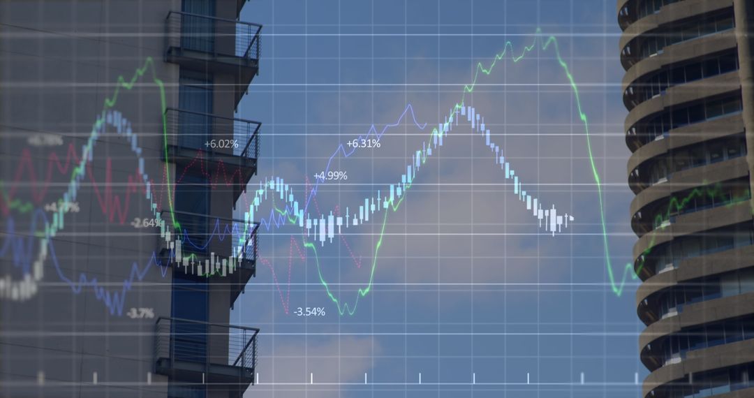 Composite Financial Graphs Over City Skyscrapers Representing Market Dynamics