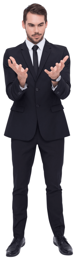 Confident Businessman in Black Suit with Gesturing Hands on Transparent Background