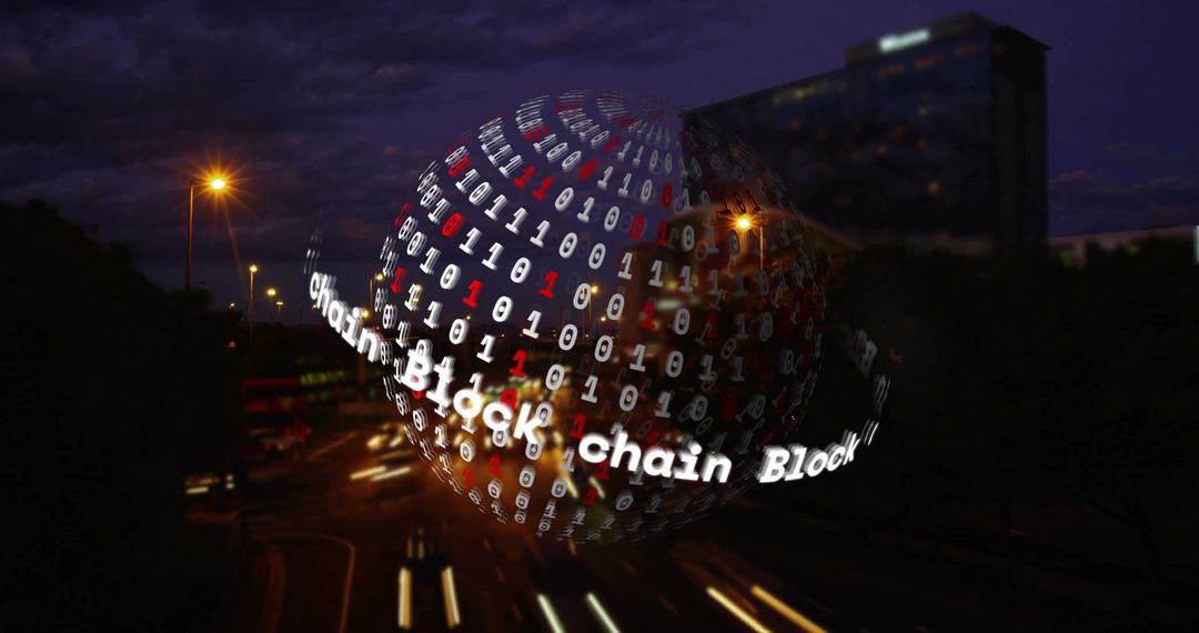 Blockchain Network Visualization Over Cityscape at Night