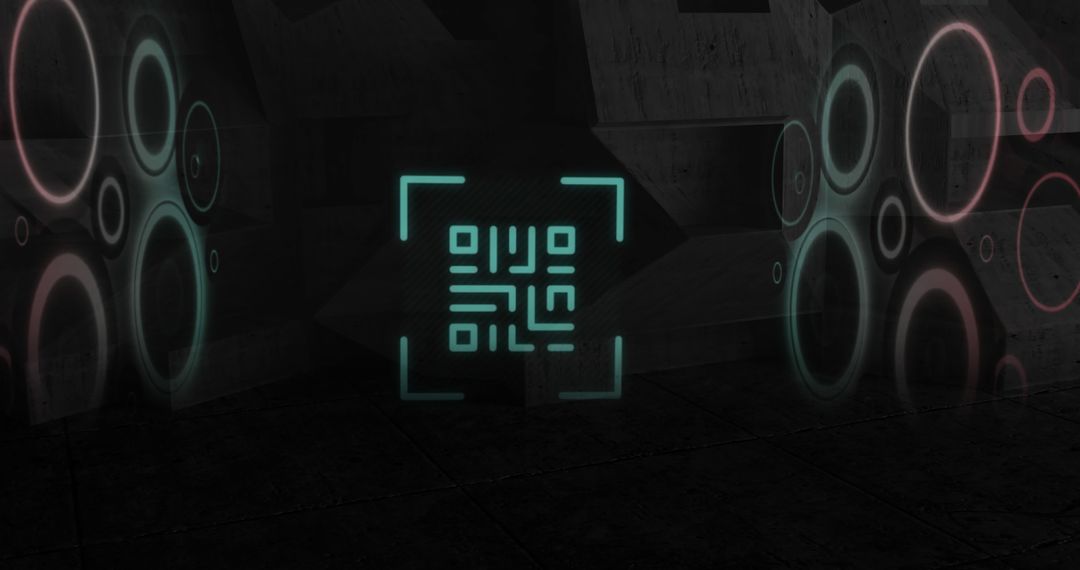 Futuristic Glowing QR Code with Neon Circles on Dark Background
