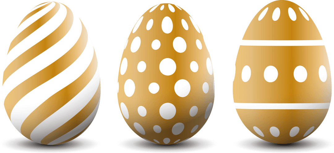 Gold and White Decorative Easter Eggs with Pattern on Transparent Background