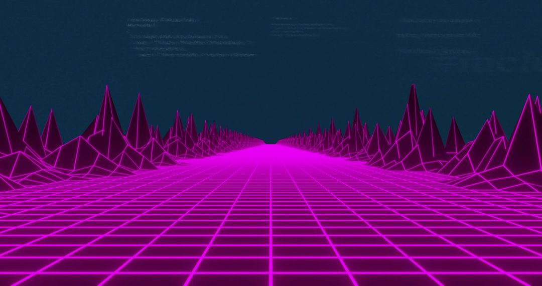 Futuristic 3D Neon Grid Landscape with Wireframe Peaks