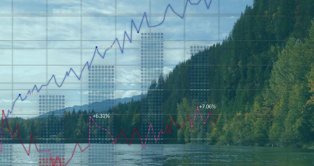 Rising Financial Graph Overlaid on Scenic Mountainous River Landscape
