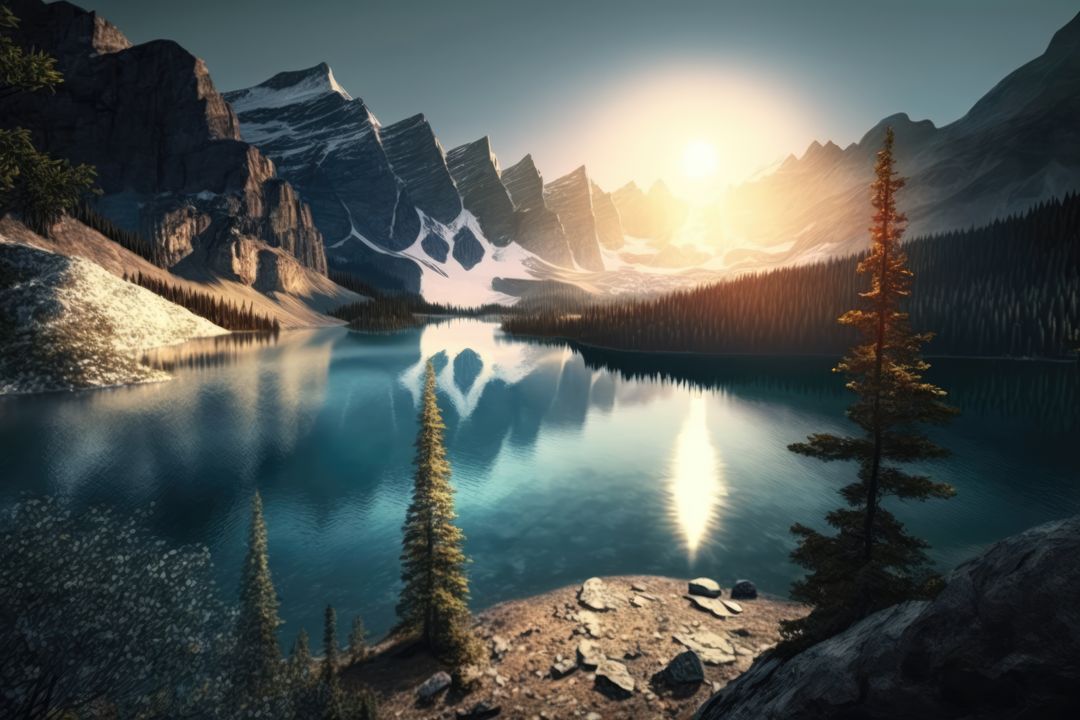 Scenic landscape with lake and mountains with sunshine, created using generative ai technology - Free Images, Stock Photos and Pictures on Pikwizard.com