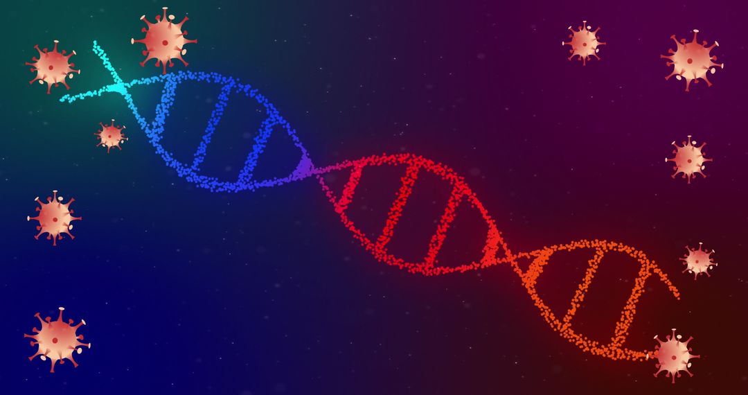 Digital Art of DNA Helix with Virus Particles in Abstract Space