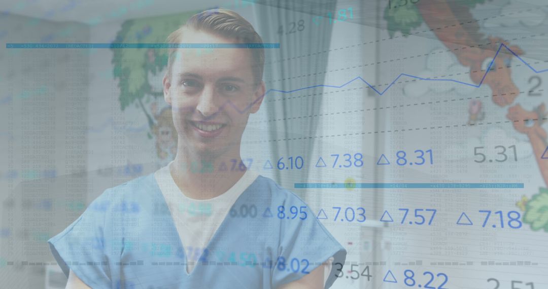Smiling Doctor with Digital Data Overlay on Healthcare Analytics