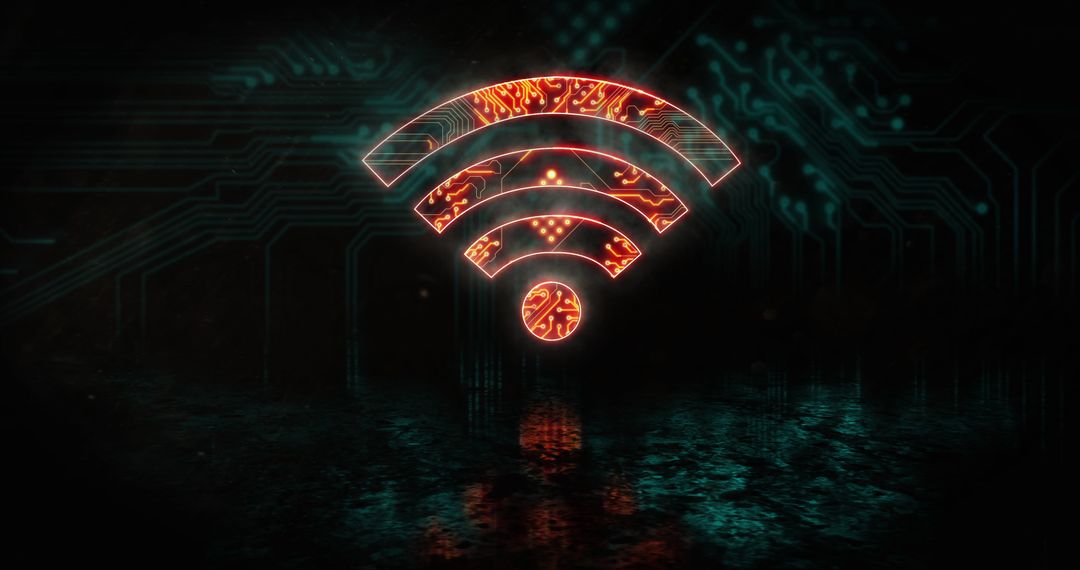 Glowing Orange Wifi Symbol on Blue Tech Background