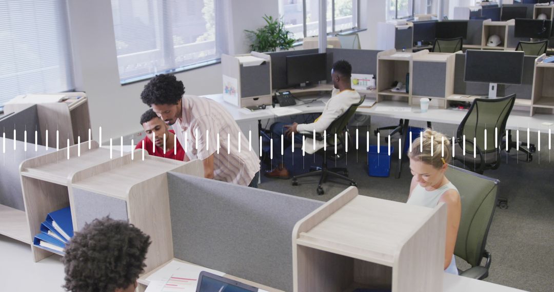 Diverse Coworkers Collaborating with Overlaid Graph Graphic in Modern Office