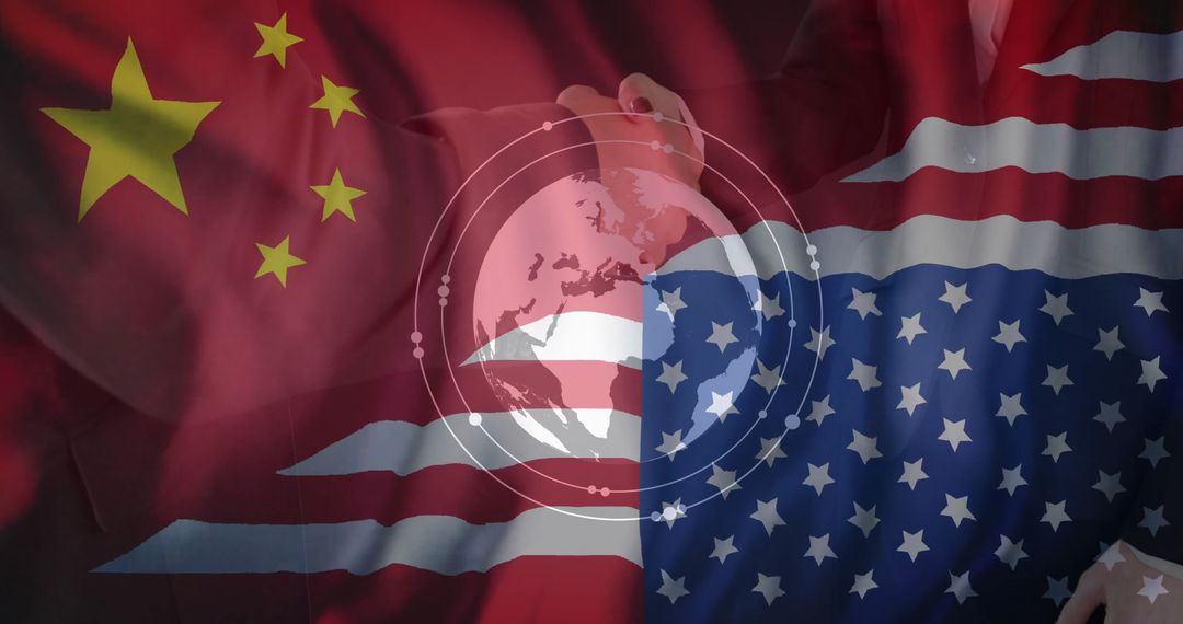 Handshake Overlaid on Chinese and American Flags Representing Cooperation