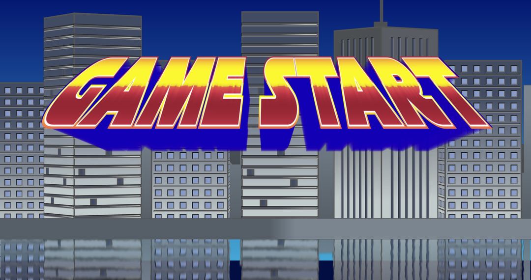 Retro Video Game Start Screen with Cityscape Background