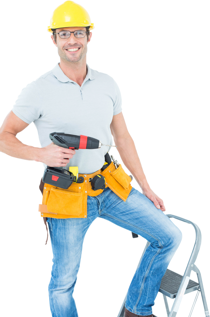 Confident Worker Holding Drill Machine on Step Ladder in Transparent Background - Download Free Stock Images Pikwizard.com