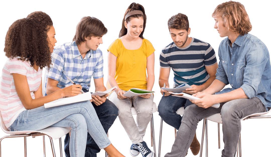 Diverse Group of College Students Collaborating on Transparent Background