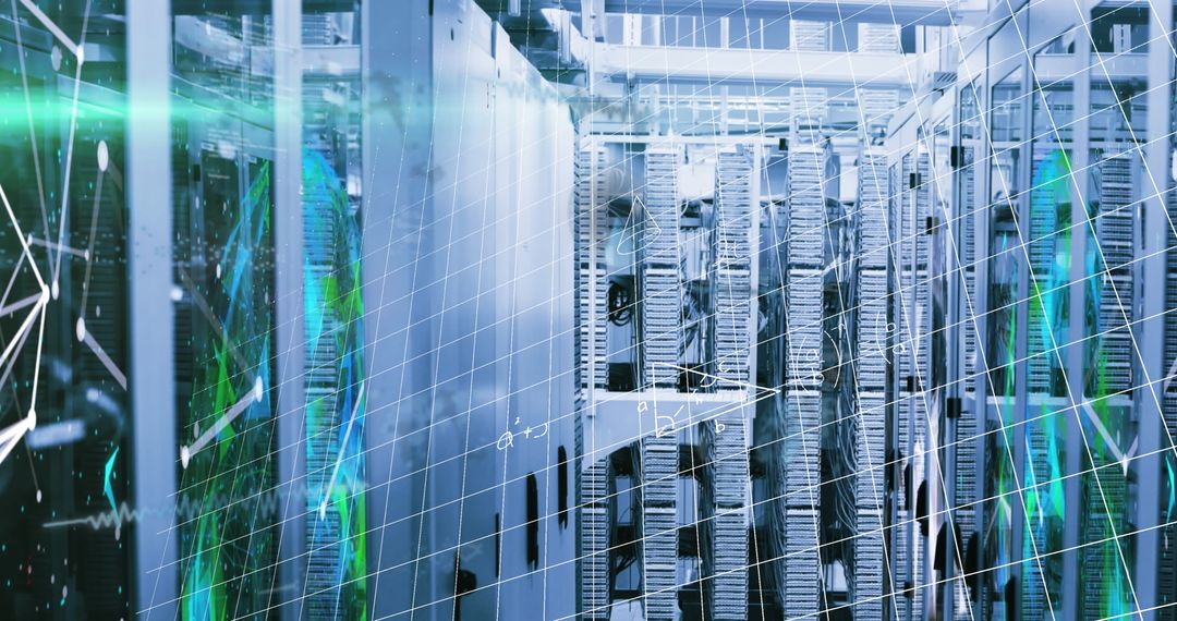 Futuristic Server Room with Data Processing Overlays