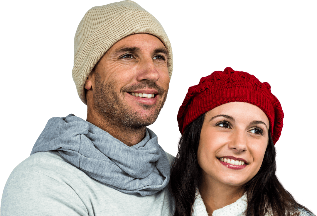 Smiling Couple Looking Away in Winter Attire with Transparent Background