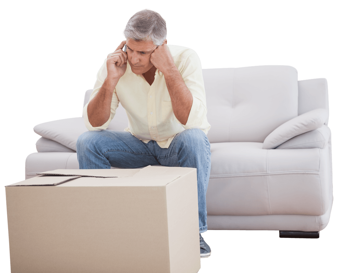 Senior Man Communicating on Phone with Inspecting Box, Transparent Background