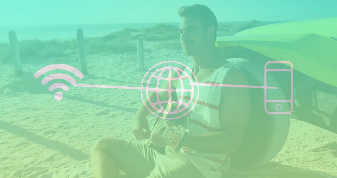 Man Playing Guitar by Beach with Kayak and Digital Overlay