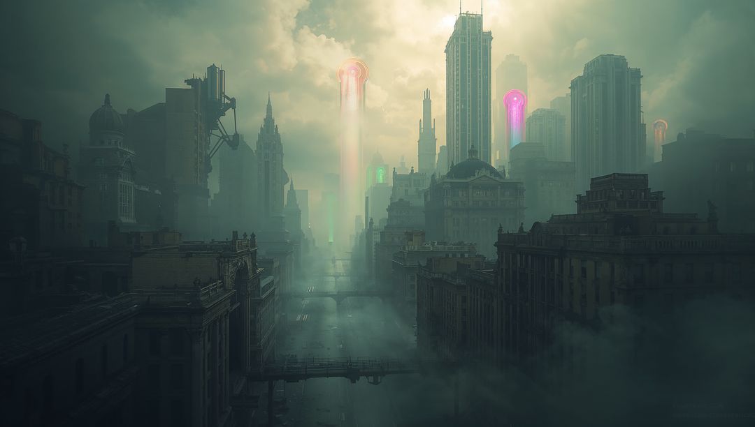 Futuristic cityscape with neon beams and skyscrapers
