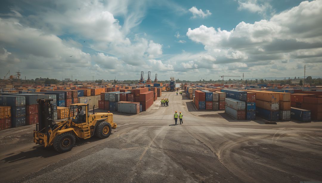 Container yard workers operating forklift stacking containers under dramatic sky